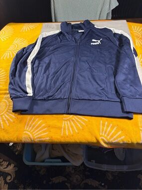 Puma Men’s Navy Full-Zip Track Jacket with White Sleeve Stripes
